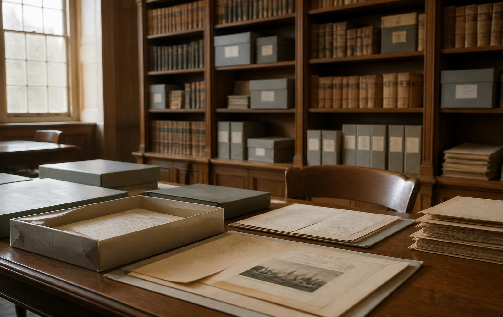 Sala de arquivo com documentos históricos organizados em caixas e estantes de madeira